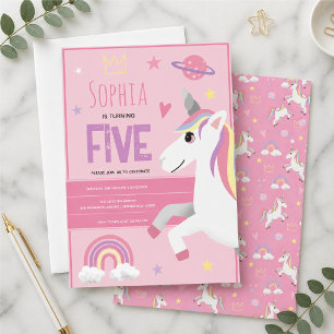 Girls Cute Pink Unicorn Kids 5th Birthday Invitation