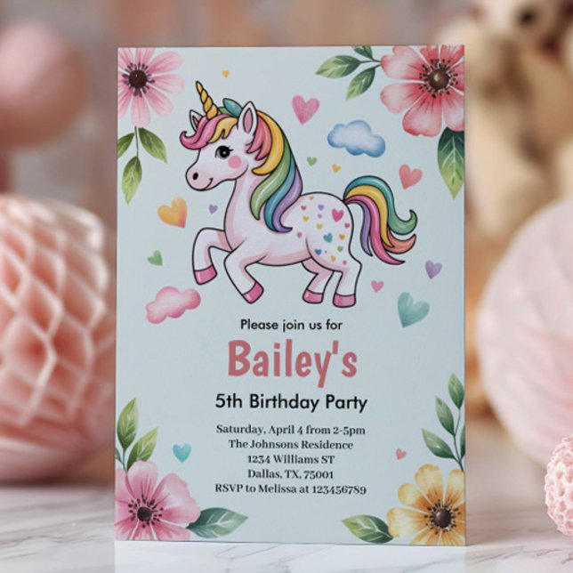 Girls Cute Pink Unicorn Kids 5th Birthday Party Invitation (Creator Uploaded)