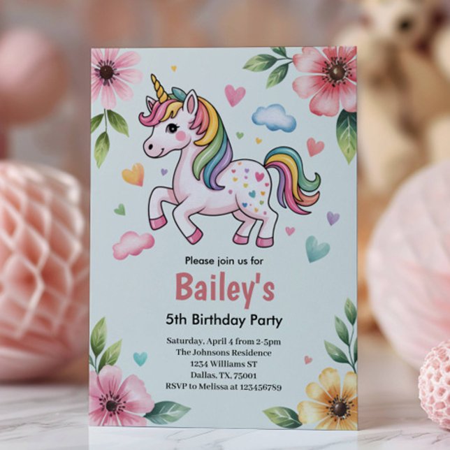 Girls Cute Pink Unicorn Kids Birthday Party Invitation (Creator Uploaded)