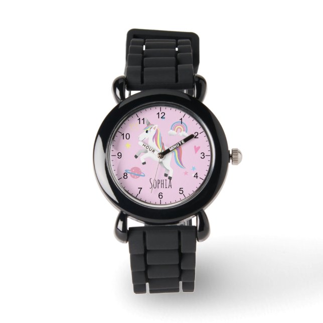 Girls Cute Pink Unicorn Rainbow & Name Kids Watch (Front)