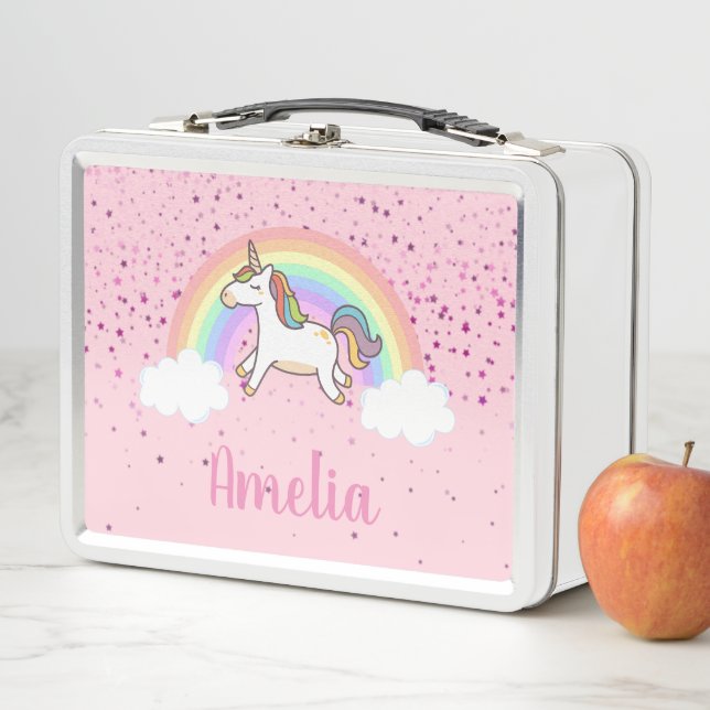 Girls Cute Pink Unicorn Rainbow Personalised Metal Lunch Box (In Situ)