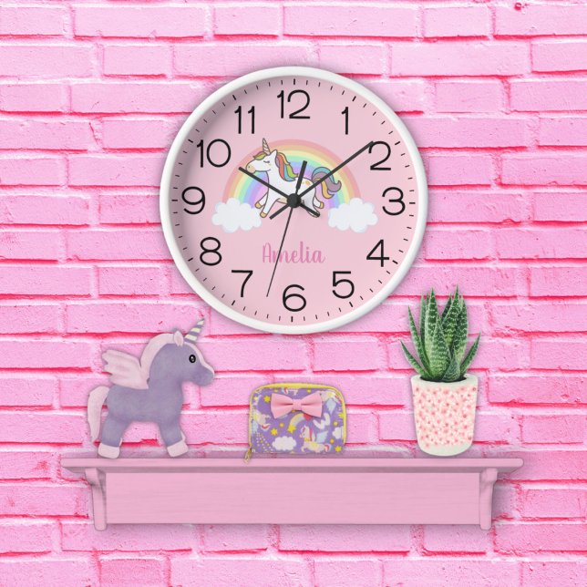 Girls Cute Pink Unicorn Rainbow Personalized Kids Round Clock (Creator Uploaded)