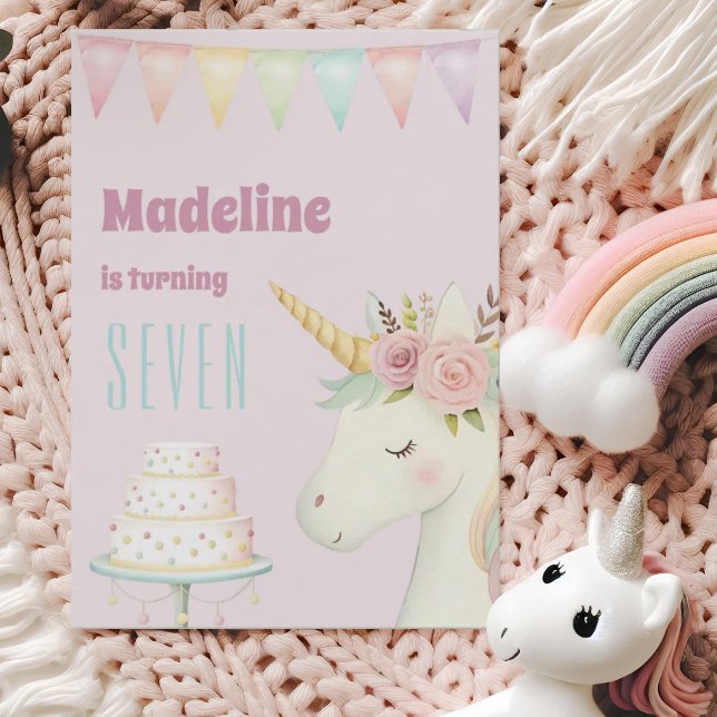Girls Cute Pink Unicorn Seventh Birthday Invitation (Creator Uploaded)