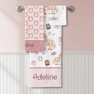 Girls Cute Pink Western Horse Name Kids Bath Towel Set