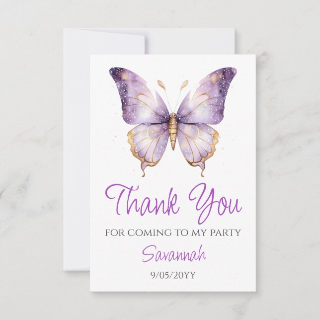 Girls Cute Purple Butterfly 1st Birthday Party Thank You Card (Front)