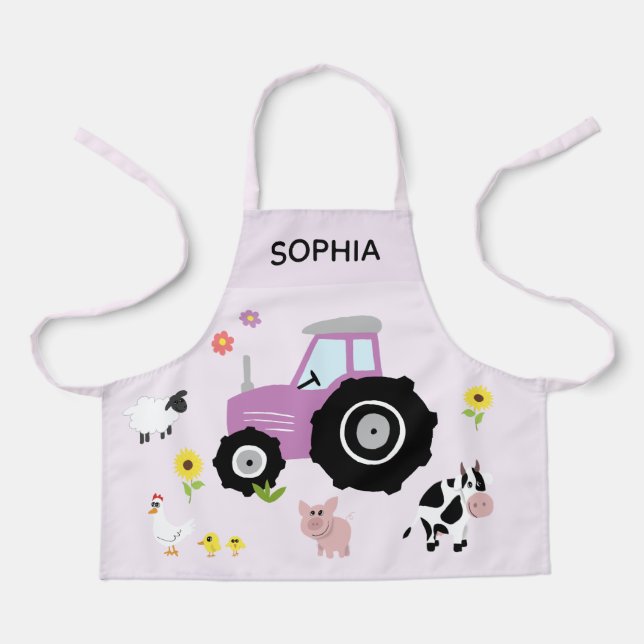 Girls Cute Purple Farm Animal Tractor & Name Kids Apron (Front)