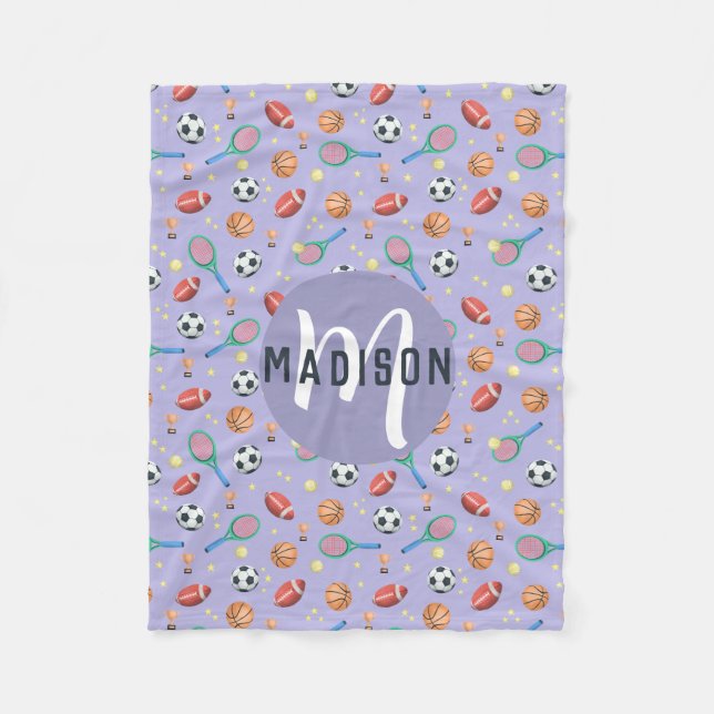 Girls Cute Purple Football Basketball Sports Kids Fleece Blanket (Front)