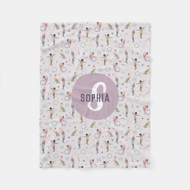 Girls Cute Purple Gymnastics Pattern Monogram Kids Fleece Blanket (Front)