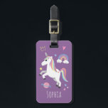 Girls Cute Purple Magical Unicorn & Name Kids Luggage Tag<br><div class="desc">This cute and modern kids luggage tag features a unicorn, planet, stars, a crown, a rainbow and heart, and can be personalised with your girls name and contact details. The perfect magical gift for your baby, toddler or child's first trip. Check out our purple unicorn collection for the matching passport...</div>