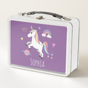 Girls Cute Purple Magical Unicorn & Name Kids Metal Lunch Box