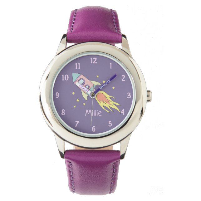 Girls Cute Purple Rocket Ship Space and Name Kids Watch (Front)