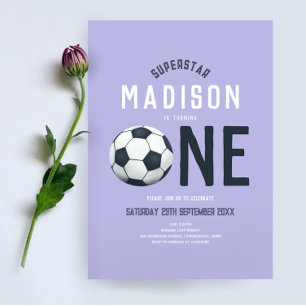 Girls Cute Purple Soccer Sports Kids 1st Birthday Invitation