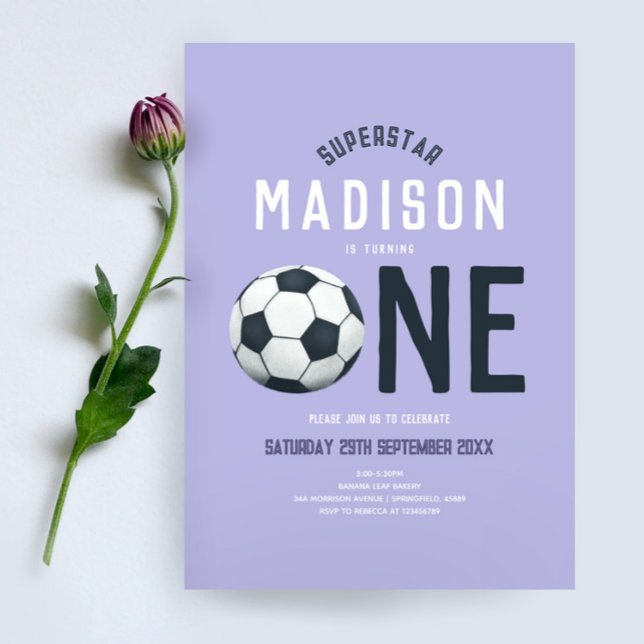 Girls Cute Purple Soccer Sports Kids 1st Birthday Invitation (Creator Uploaded)