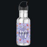 Girls Cute Purple Sports Monogram Kids School 532 Ml Water Bottle<br><div class="desc">This cute kids bottle features a fun purple cartoon sports pattern,  with a soccer ball,  basketball,  tennis racket,  football and trophy. There is also space for you to add your girls name and monogram in a beautiful font. The perfect sport themed addition to your kids school or sports supplies.</div>