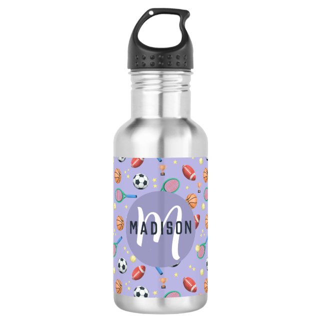 Girls Cute Purple Sports Monogram Kids School 532 Ml Water Bottle (Front)