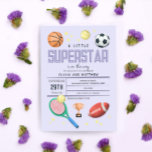 Girls Cute Purple Sports Superstar Baby Shower Invitation<br><div class="desc">This cute and modern “a little superstar is on the way” girls baby shower invitation design features a purple sports cartoon design, with a basketball, football, soccer ball, tennis racket, trophy, and stars. The invite can be personalised with the parent's names and other details necessary for your party. The perfect...</div>