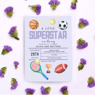Girls Cute Purple Sports Superstar Baby Shower Invitation