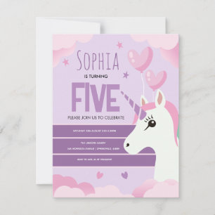 Girls Cute Purple Unicorn Kids Birthday Card