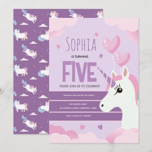 Girls Cute Purple Unicorn Kids Birthday Invitation