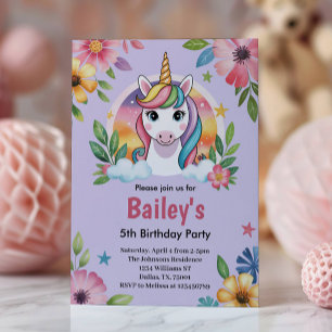 Girls Cute Purple Unicorn Kids Birthday Invitation