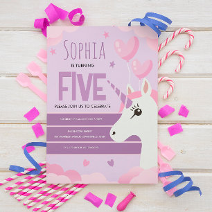 Girls Cute Purple Unicorn Kids Birthday Invitation