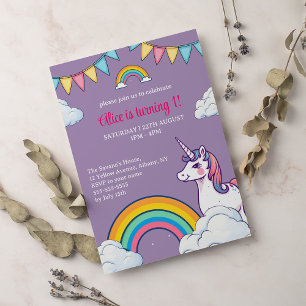 Girls Cute Purple Unicorn Kids First Birthday Invitation
