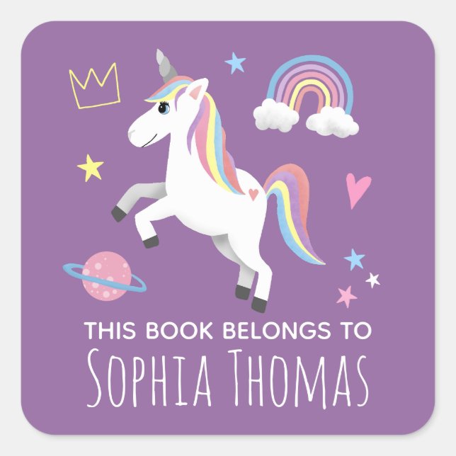 Girls Cute Purple Unicorn & Name Kids Bookplate Square Sticker (Front)