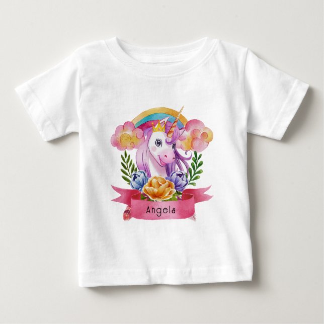 Girls Cute Purple Unicorn Rainbow Custom Name      Baby T-Shirt (Front)
