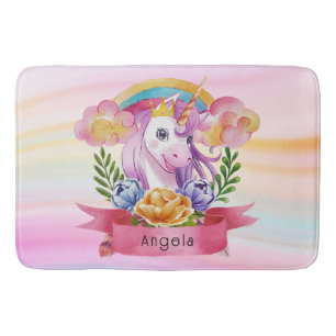 Girls Cute Purple Unicorn Rainbow Custom Name     Bath Mat