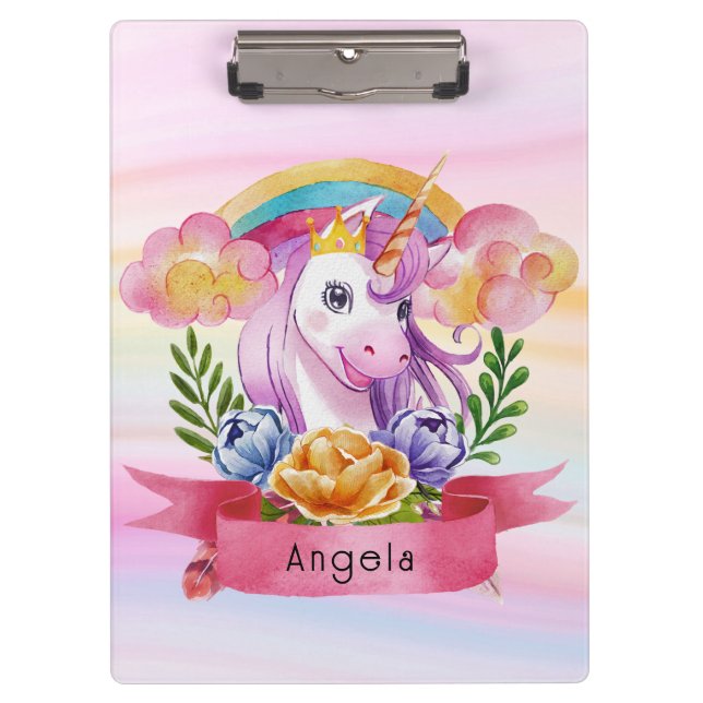 Girls Cute Purple Unicorn Rainbow Custom Name      Clipboard (Front)