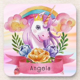 Girls Cute Purple Unicorn Rainbow Custom Name Coaster
