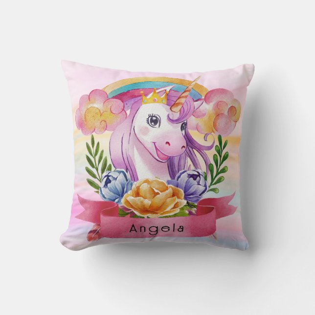Girls Cute Purple Unicorn Rainbow Custom Name      Cushion (Front)