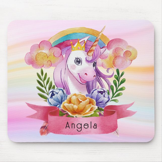 Girls Cute Purple Unicorn Rainbow Custom Name      Mouse Pad (Front)