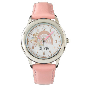 Girls Cute Rainbow Boho Flowers Pink Custom Name Watch
