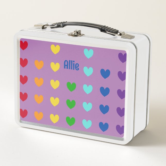 Girls Cute Rainbow Heart Kids Metal Lunch Box (Front)