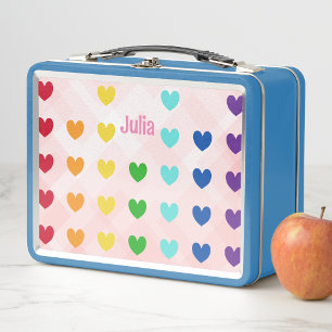 Girls Cute Rainbow Heart Pattern Kids Metal Lunch Box