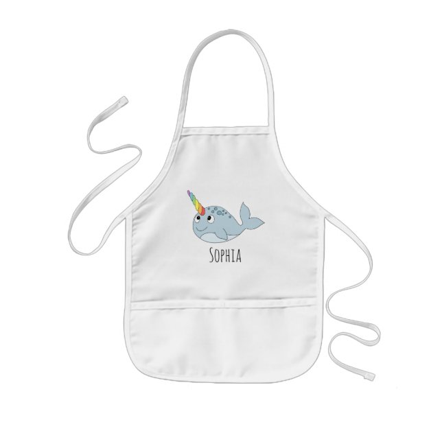 Girls Cute Rainbow Narwhal Cartoon and Name Kids Apron (Front)