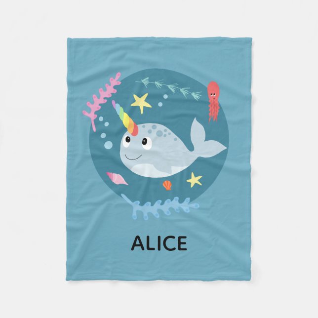 Girls Cute Rainbow Narwhal & Name Turquoise Kids Fleece Blanket (Front)