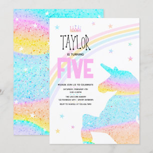 Girls Cute Rainbow Unicorn Kids 5th Birthday Invitation
