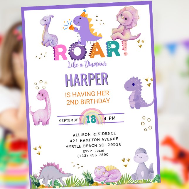 Girls Cute Roar Dinosaur Birthday Party Invitation (Creator Uploaded)