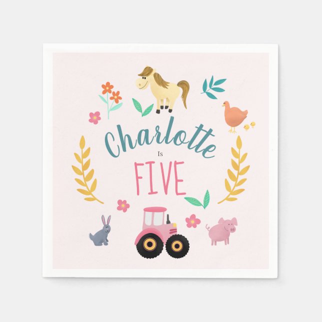 Girls Cute Rustic Pink Farm Animals Kids Birthday Napkin (Front)