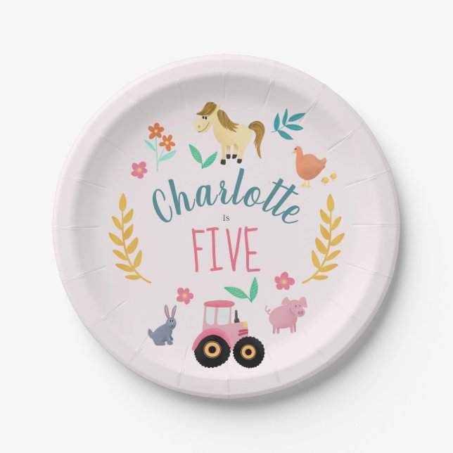 Girls Cute Rustic Pink Farm Animals Kids Birthday Paper Plate (Front)