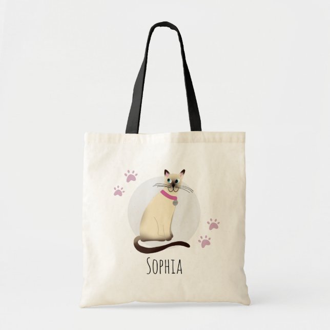 Girls Cute Seal Point Siamese Cat Paw & Name Kids Tote Bag (Front)