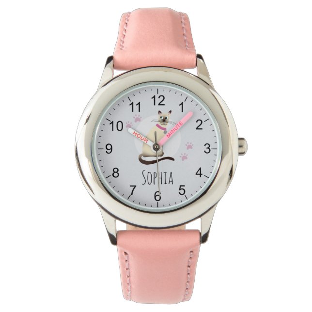 Girls Cute Siamese Cat Cartoon & Name Kids Watch (Front)