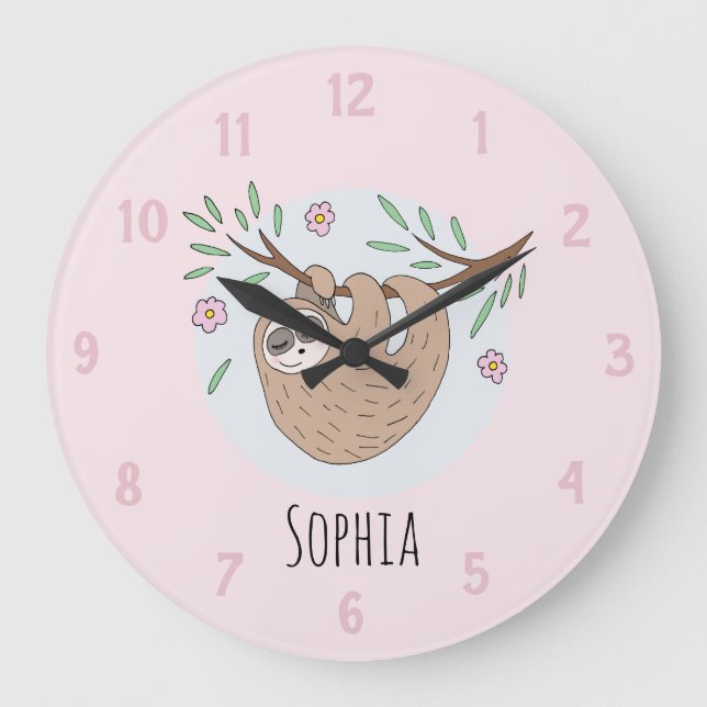 Girls Cute Sleeping Sloth Animal and Name Kids Large Clock (Front)