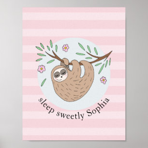 Girls Cute Sleeping Sloth Animal and Name Kids Poster