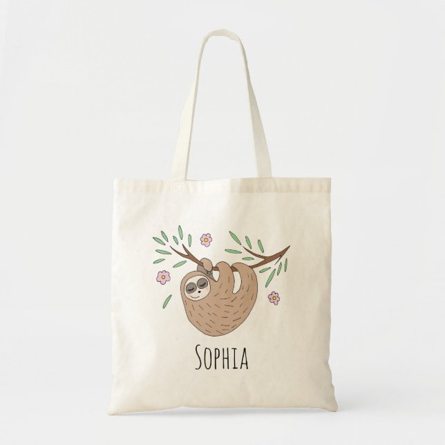 Girls Cute Sleeping Sloth Animal and Name Kids Tote Bag (Front)