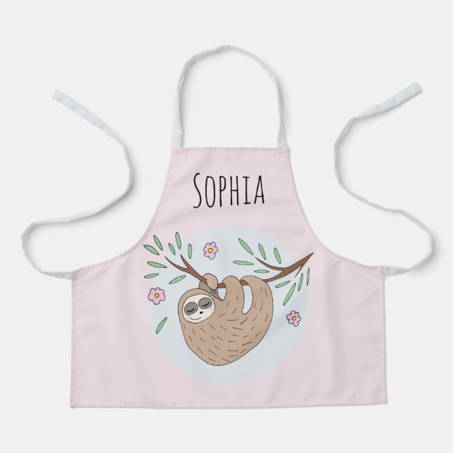 Girls Cute Sleeping Sloth Flowers and Name Kids Apron (Front)