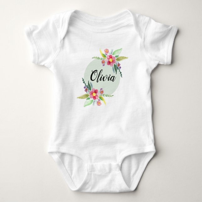Girls Cute Spring Botanical Flowers and Name Baby Bodysuit (Front)