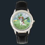 Girls Cute Springer Spaniel Dog with Name Kids Watch<br><div class="desc">This cute blue modern kids watch features an adorable springer spaniel puppy dog cartoon with hills and a beach in the background and has space for you to add your girls name. With clear, easily readable numbers, this 'first' watch is great for kids or toddlers just starting out on learning...</div>